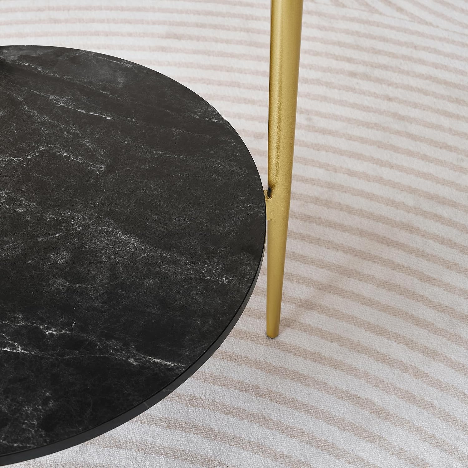 LumFurn Round Glass End Table, Mid-Century Modern Design Sofa Table for Living Room, D18 x H23 in, 2-Tier Structure, Grey Glass Top and Black Marble Shelf, Sleek Conical Legs with Gold Finish Frame