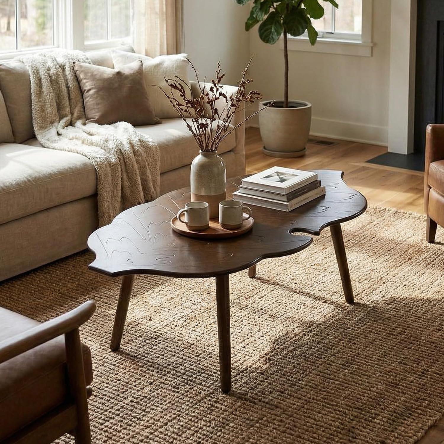 HNY Modern Coffee Table for Living Room, Brown Wood Coffee Table Farmhouse Center Table Vivid Leaf Table End Table with Rustic Grain Side Table with Wood Leg for Bedroom Office Cafe Small Space