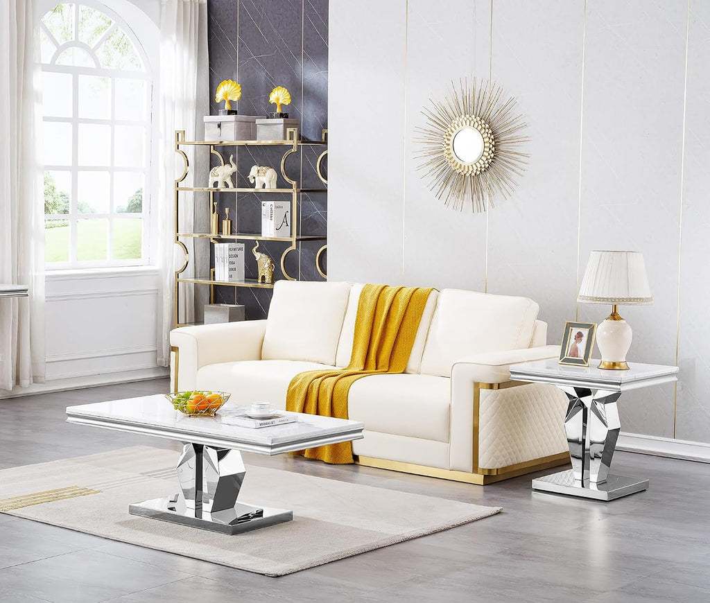 3 Pieces Coffee Table Set, Faux Marble Living Room Table Set of 3, Modern Coffee Table and 2 End Tables with Y-Shaped Stainless Steel Base for Living Room (White Silver)