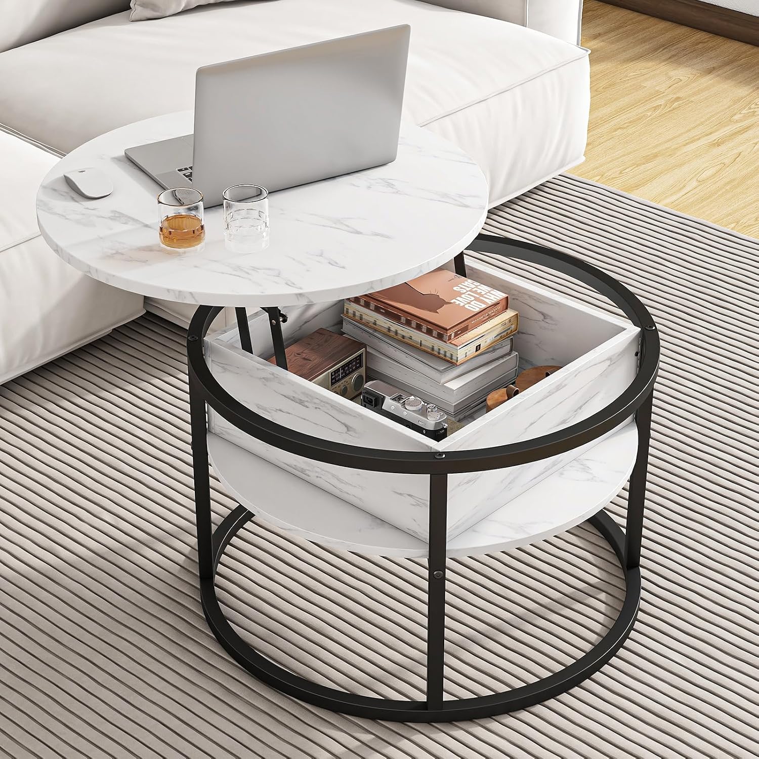 HOJINLINERO Round Coffee Table with Storage, Lift Top Coffee Table with Hidden Compartment, Farmhouse Juxing Design for Living Room, 2-Tier Small Round Dining Center, White