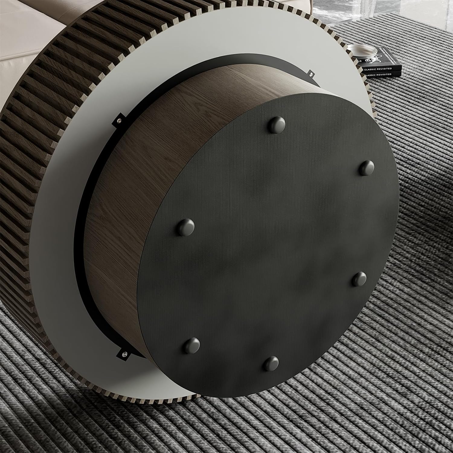 31.5'' Round Coffee Table for Living Room, Fluted Coffee Tables with Hidden Storage, Solid Wood Veneered Circle Modern Tea Table for Small Space Apartment (Grey-31.5''D×14''H)