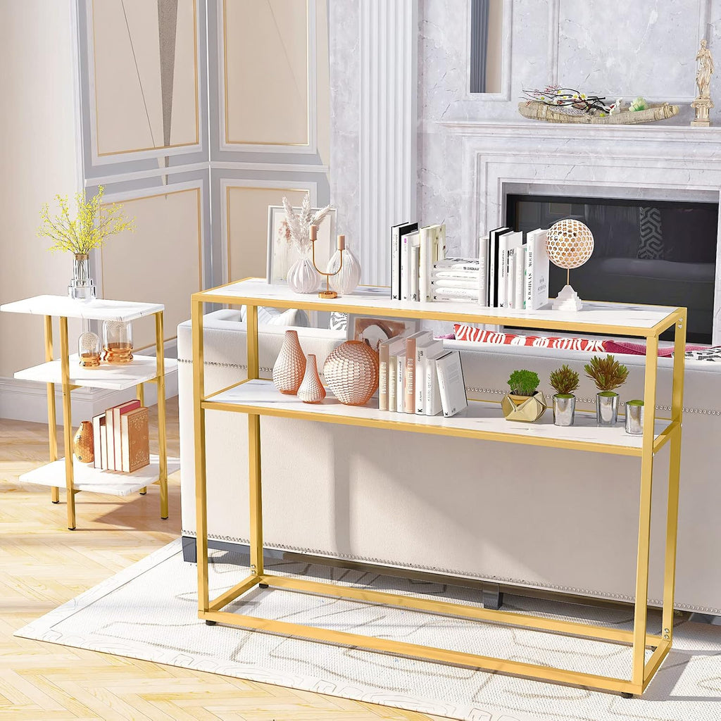 Lamerge Coffee Table Set of 3, Gold Coffee Table & 3-Tier End Table & Console Tables for Entryway,3 Piece Living Room Table Set with Metal Frame,Accent Table Side Table for Home,Office,Gold+White
