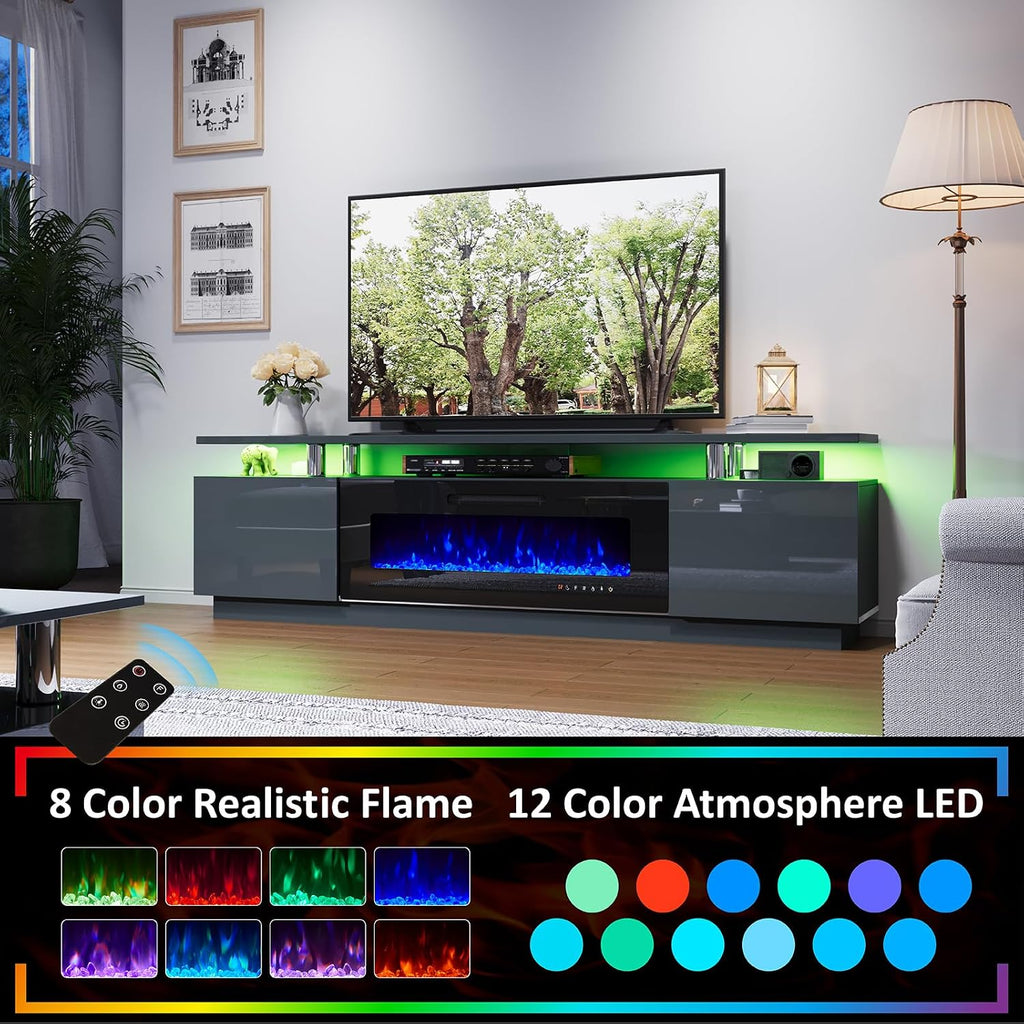 AMERLIFE 3 Piece Modern Living Room Table Set, Includes 80' High Gloss Fireplace TV Stand, 2-Tier Coffee Table, LED Lights Entertainment Center Set for Living Room, Grey