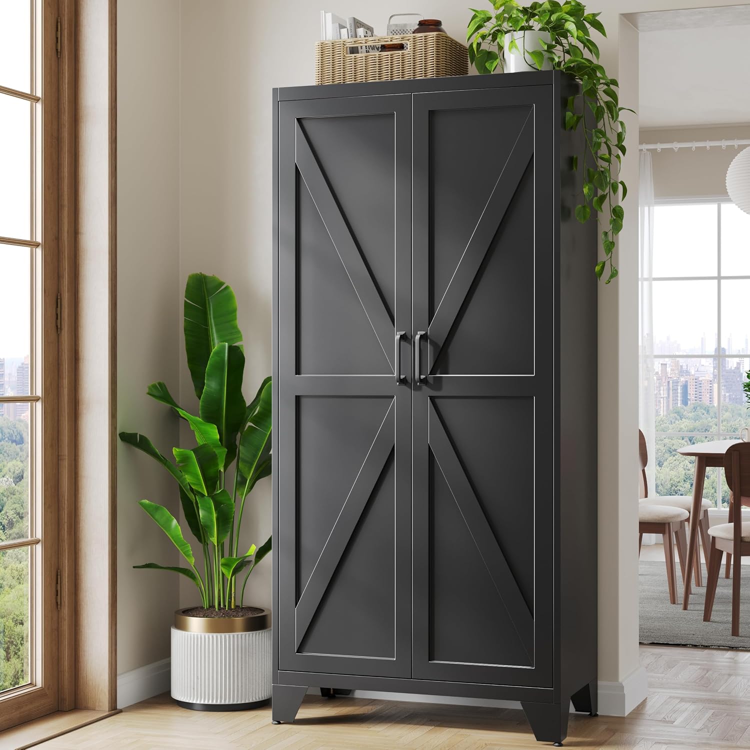 Metal Black Storage Cabinet with 2 Doors and 4 Adjustable Shelves, 75' Tall Kitchen Pantry cabinets, Farmhouse Food Pantry Cabinet,5 Tier Freestanding Barn Door Cupboard for Kitchen Dining/Living Room