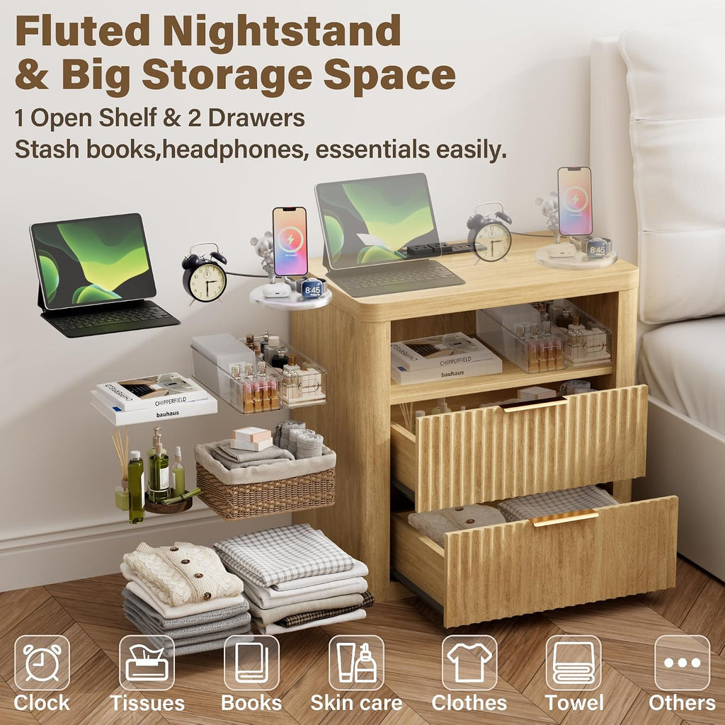 YESHOMY Fluted Nightstands Set of 2 with Charging Station,24' Night Stand with 2 Drawers and Storage Shelf,RGB LED Lighting,Arc Edge Fluted Bedside Table for Bedroom,Natural Wood