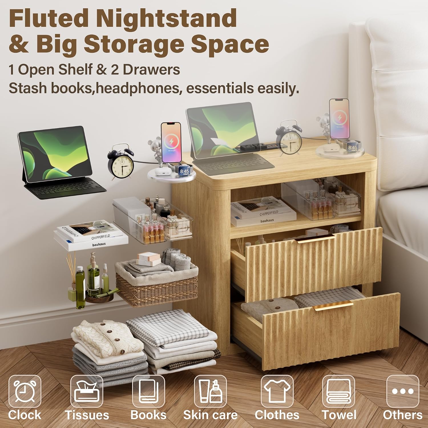 YESHOMY Fluted Nightstands Set of 2 with Charging Station,24' Night Stand with 2 Drawers and Storage Shelf,RGB LED Lighting,Arc Edge Fluted Bedside Table for Bedroom,Natural Wood