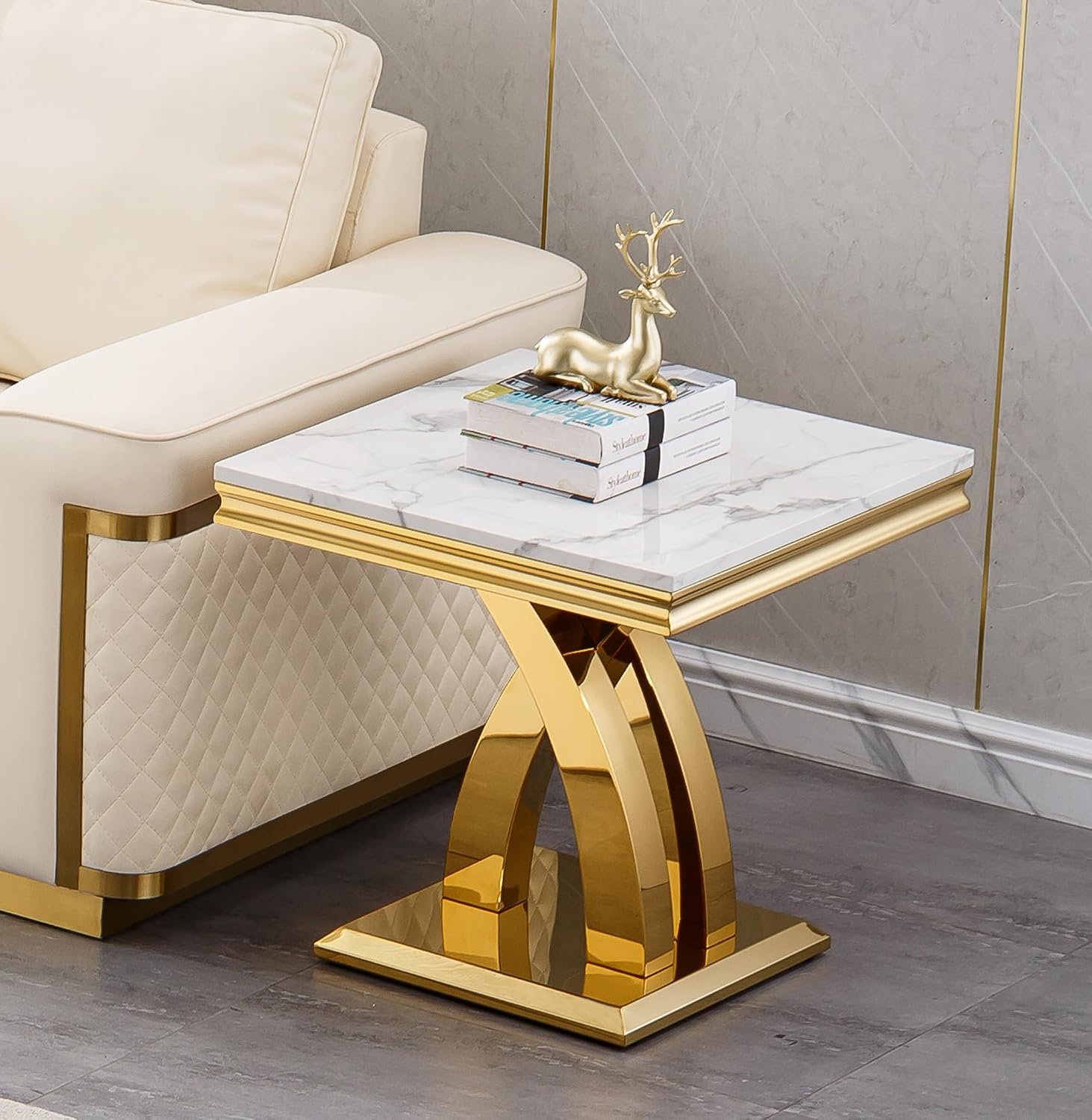 Modern Marble End Table,22' Suqare Side Table with Gold X-Shape Stainless Steel Base,Luxury White Faux Marble End Table Nightstand Pedestal Stand Lamp Table for Hallway, Living Room, Bedroom