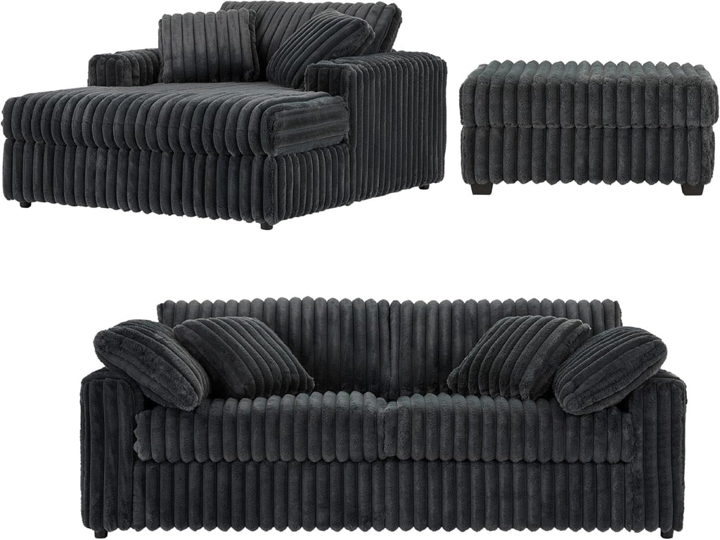 Roundhill Furniture Belvoir 3-Piece Living Room Set, Sofa Cuddle Chaise and Ottoman, Charcoal