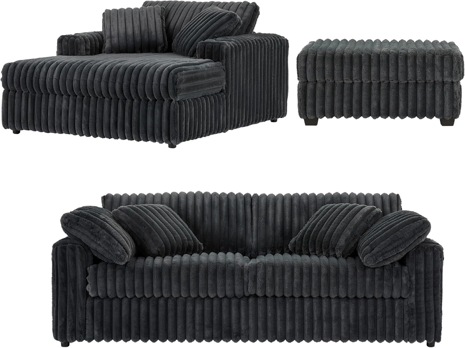 Roundhill Furniture Belvoir 3-Piece Living Room Set, Sofa Cuddle Chaise and Ottoman, Charcoal