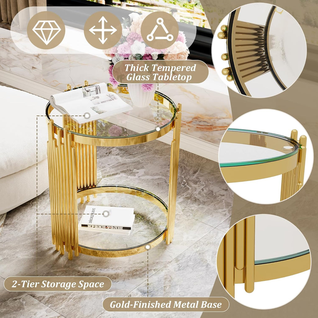 19.8'' Tempered Glass Side Tabel Round End for Living Room, 2-Tier Modern Accent Circle Design, Transparent Mirror Tabletop & Metal Drum Base, Easy Assembly, Transparent & Gold