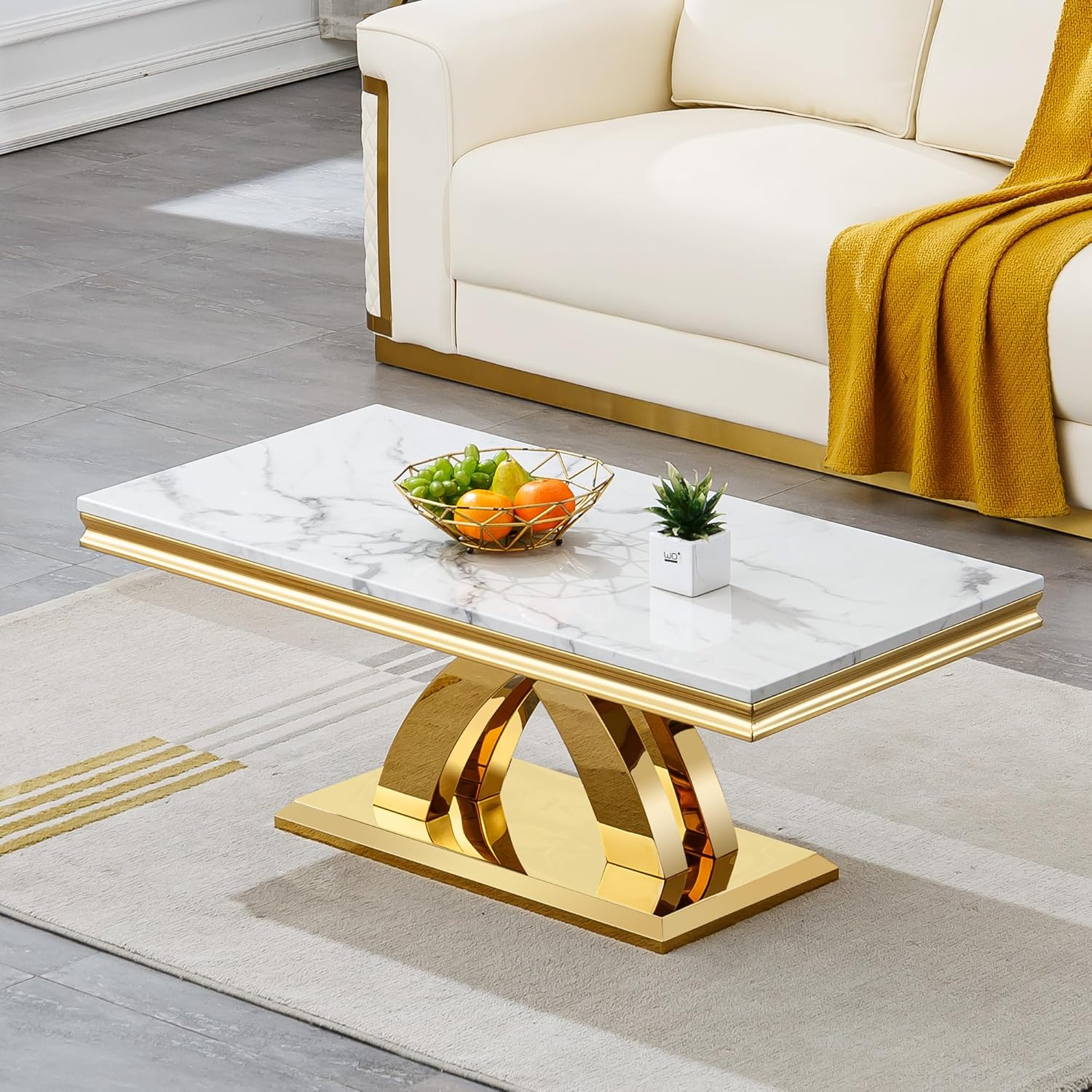 Faux Marble Coffee Table Set Living Room Table Set, Modern Rectangular Coffee Table 2 End Table with Faux Marble Top X Shape Stainless Steel Base for Home Office