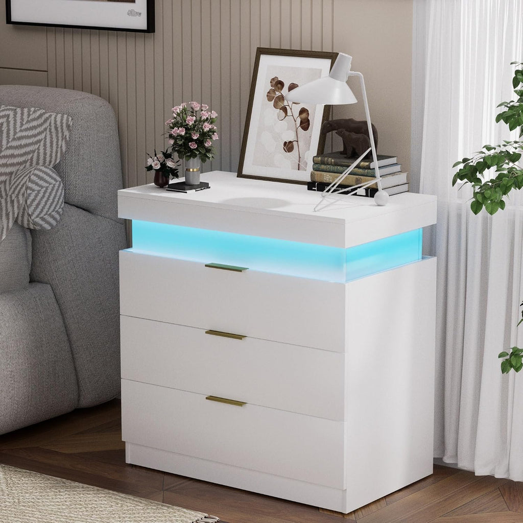 White Nightstand with Charging Station and LED Light,30.5'' Tall Night Stand with Sliding Top for Bedroom, Bedside Table with 3 Drawers, Modern End Side Table for Living Room