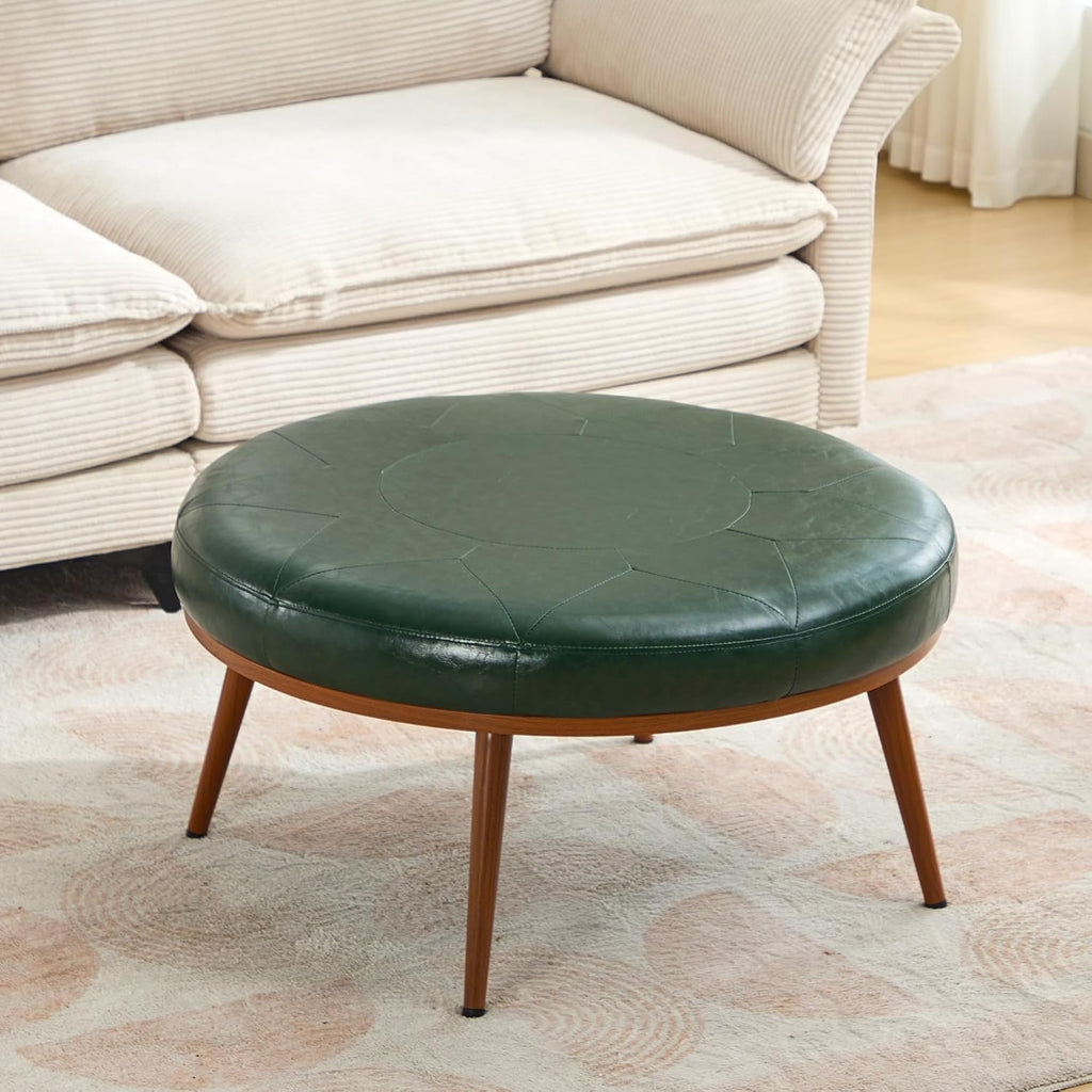 Round Ottoman, Large Faux Leather Footstool and Coffee Table, Cushioned Backless Chair for Living Room & Bedroom, Padded Seat Footrest, (Green)