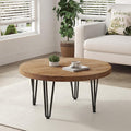 FLYJOE Rustic Wood Round Coffee Table with Metal Legs, Solid Elm Wood Top and Non-Slip Feet Pads - Farmhouse Style for Living Room, Natural