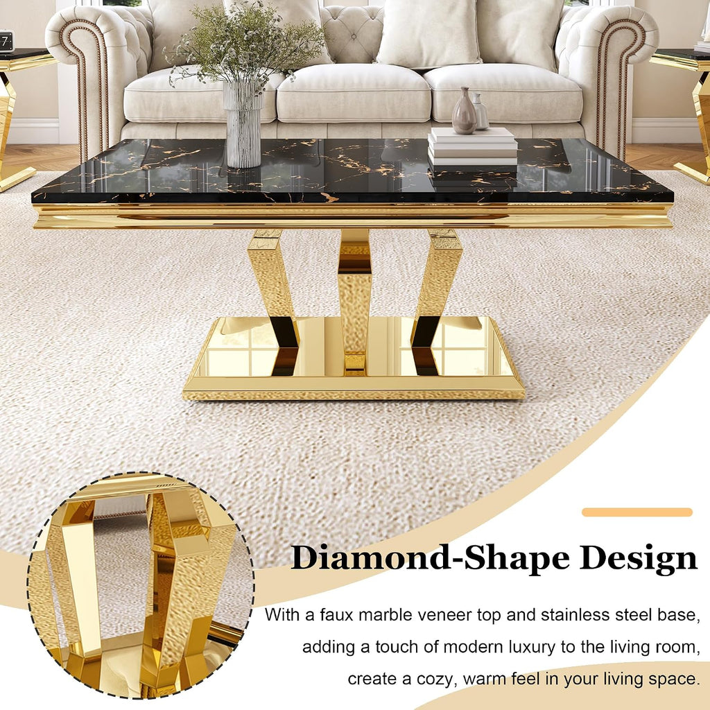 Modern Marble Coffee Table, 47' Living Room Table with Diamond-Shape Stainless Steel Base and Thickened Faux Marble Top for Living Room, Bedroom, Lounge (Gold,Black)