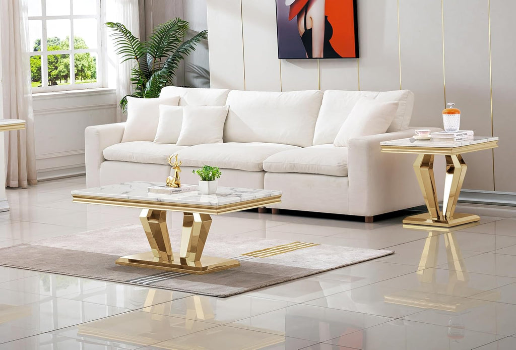 3 Piece Living Room Table Set, Modern Faux Marble Coffee Table and 2 End Tables Set for Living Room Apartment, Mirrored Stainless Steel Base, Imitation Marble Tabletop (White & Gold)