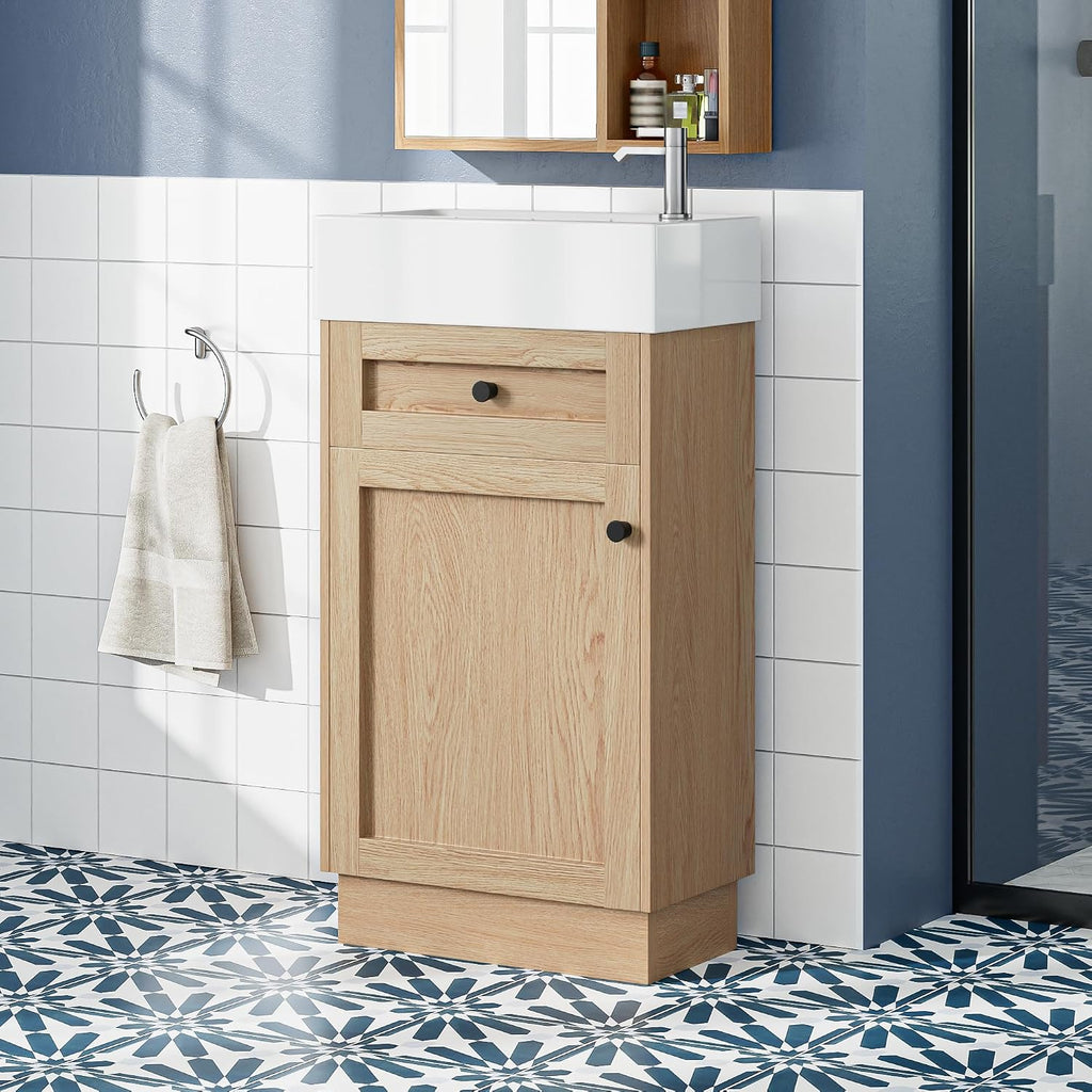 18.5' Bathroom Vanity with Reversible Resin Sink, MDF Cabinet with Adjustable Shelf & Elegant Zinc Alloy Handles, Wood Grain Melamine Finish, Rustic Style for Small Spaces