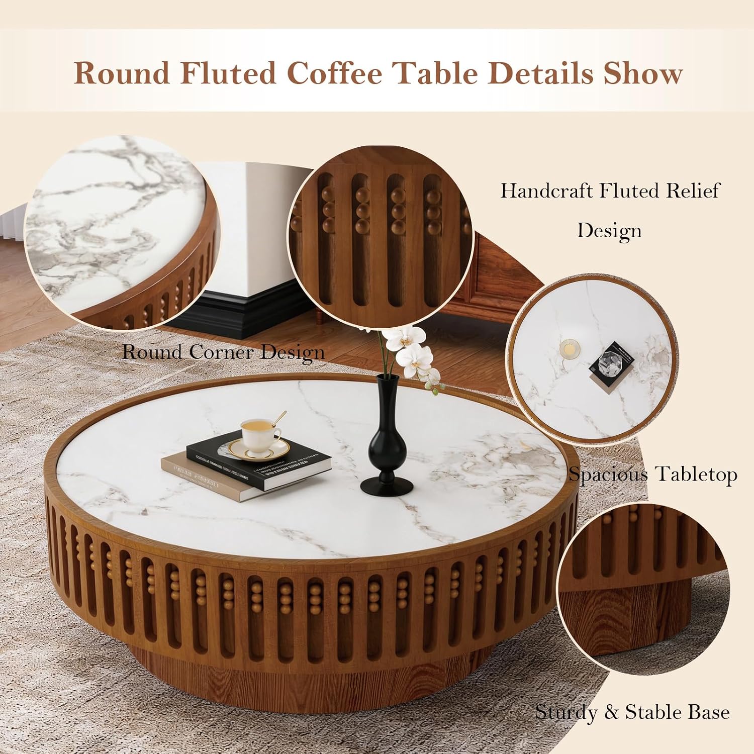 35.43' Round Fluted Coffee Table - Chic Handcraft Fluted Design Unique Contemporary Wood Low Circle Drum Tea Tables with Spacious Rock Slab Tabletop for Small Space (G 35.4in)