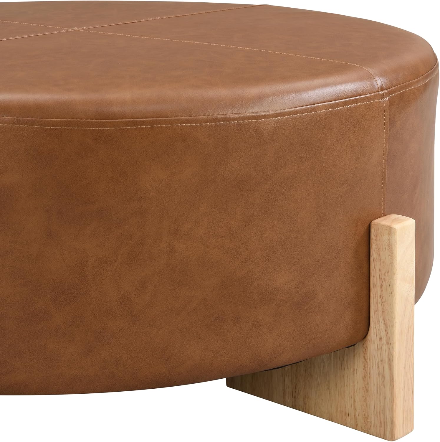 Christopher Knight Home Holmes Modern Faux Leather Upholstered Ottoman Coffee Table, Wooden Round Cocktail Ottoman, Large Living Room Sofa Footstool/Footrest, Brown+Natural