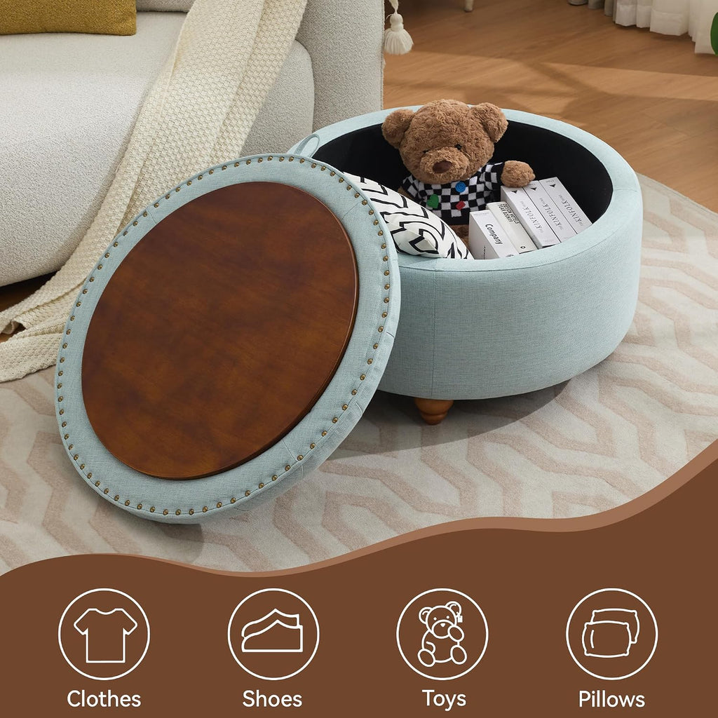WUTUTUEE 30Inch Round Storage Ottoman with Tray, Modern Tufted Fabric Circle Coffee Table with Storage, Upholstered Ottoman with Removable Top for Living Room, Bedroom, Light Blue