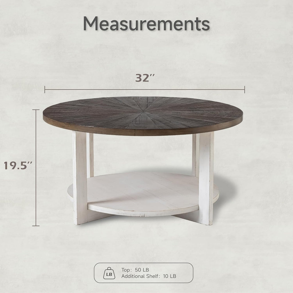 Round Wood Coffee Table with Distressed Finish Top, Two-Tone Living Room Table with Lower Storage Shelf, Farmhouse Center Table, Large Circle, Brown and White
