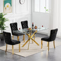 51' Modern Dining Table Set for 4, Rectangular Tempered Glass Dining Table and 4 Black Velvet Dining Chairs, Luxury 5 Piece Kitchen Dining Room Tables Set with Gold Chrome Metal X-Base
