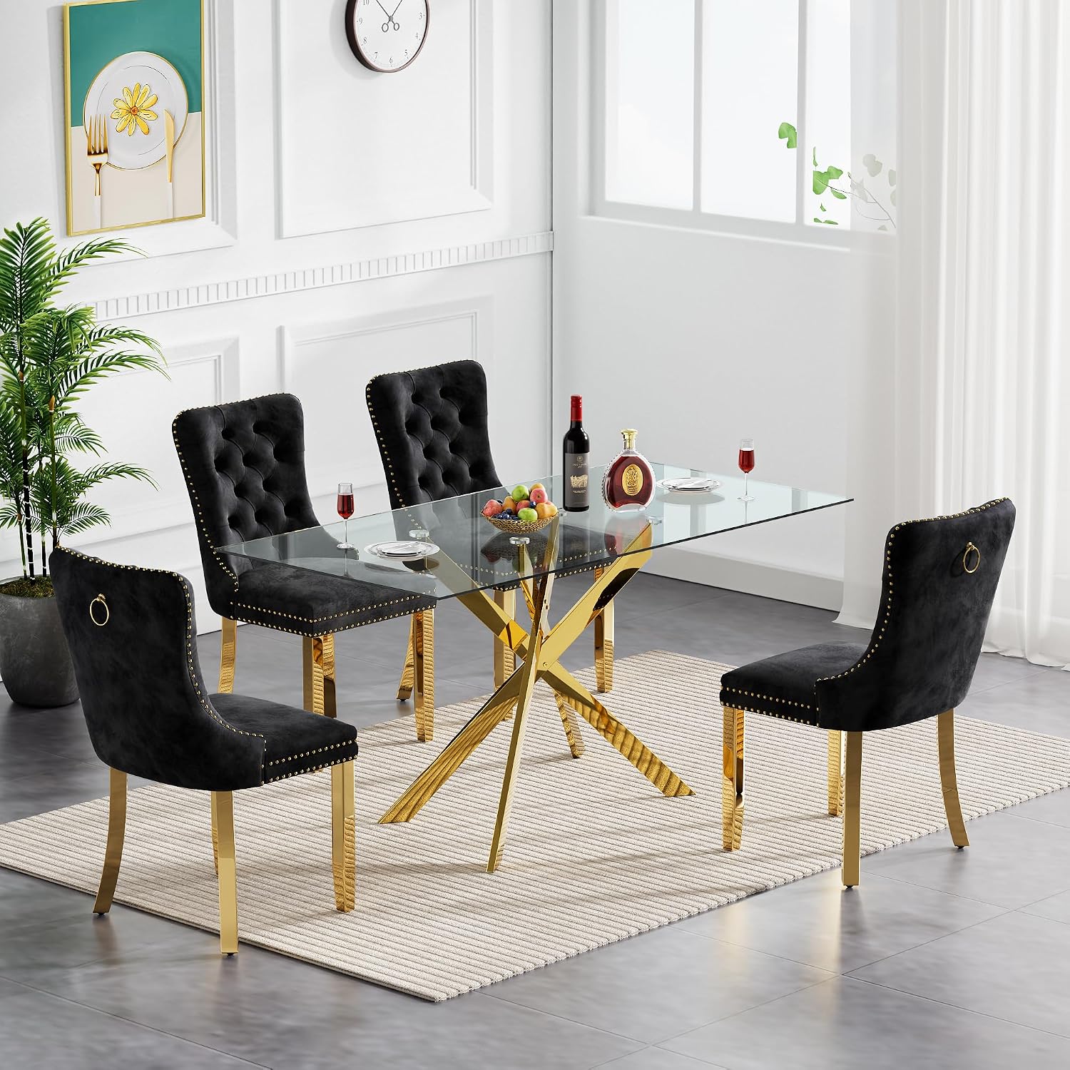 51' Modern Dining Table Set for 4, Rectangular Tempered Glass Dining Table and 4 Black Velvet Dining Chairs, Luxury 5 Piece Kitchen Dining Room Tables Set with Gold Chrome Metal X-Base