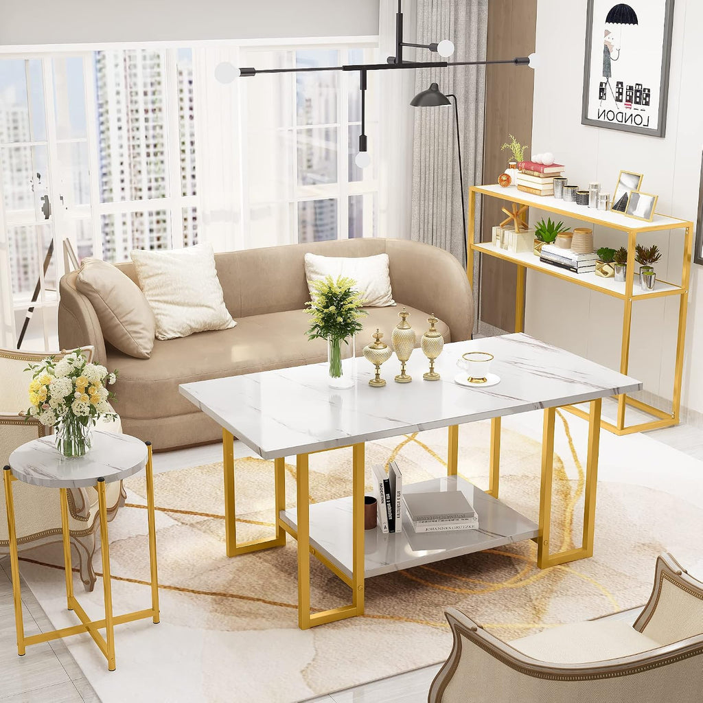 Lamerge 3pcs Living Room Table Set, Faux Marble Coffee Table with Round End Side＆Console Table, Modern White Coffee Table Set with Gold Metal Frame for Home Living Room Office Entryway, Round End