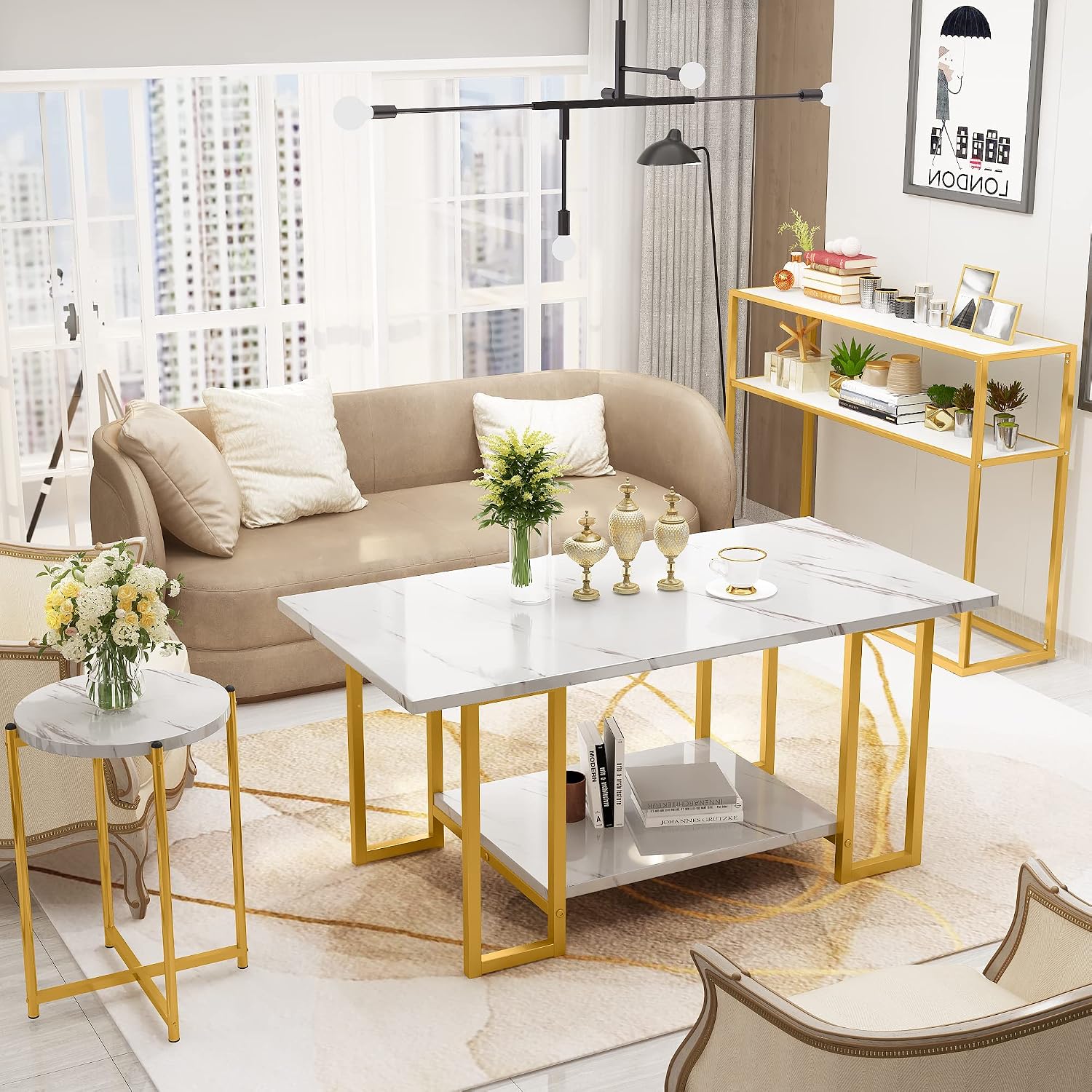 Lamerge 3pcs Living Room Table Set, Faux Marble Coffee Table with Round End Side＆Console Table, Modern White Coffee Table Set with Gold Metal Frame for Home Living Room Office Entryway, Round End