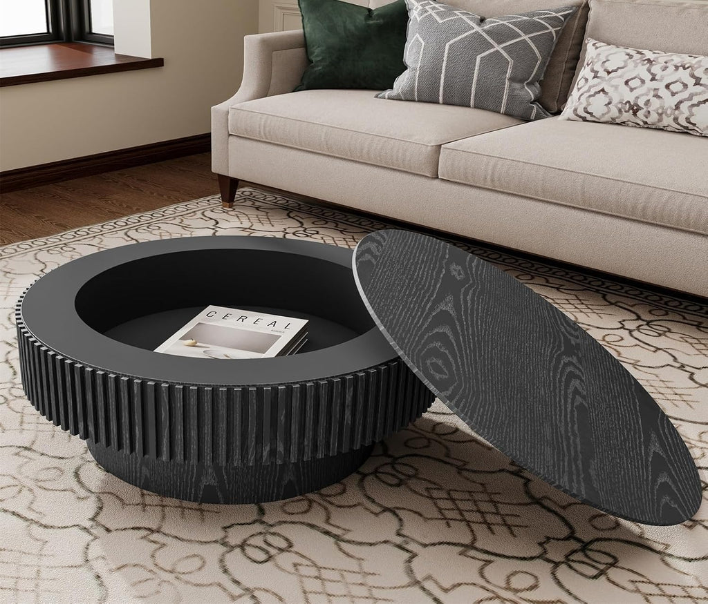 31.5'' Round Coffee Table for Living Room, Fluted Coffee Table with Hidden Storage, Solid Wood Veneered Circle Table, Modern Tea Table for Small Space Apartment (Black)