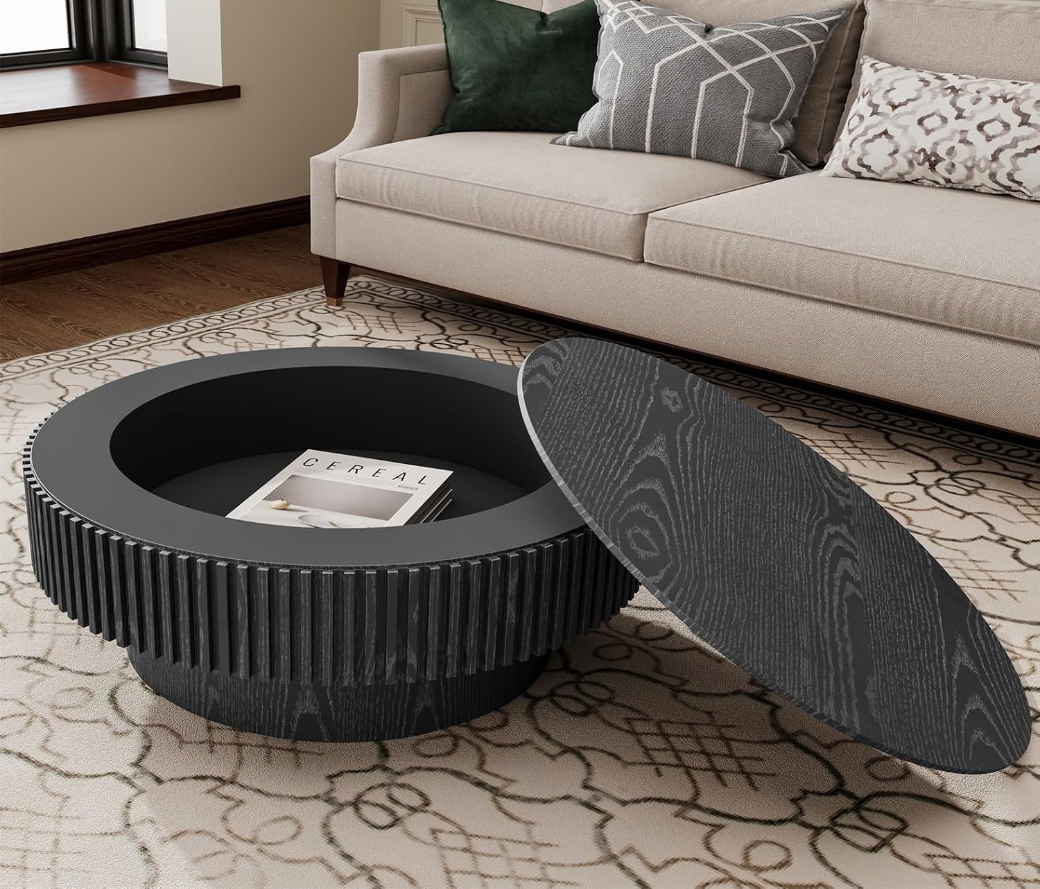 31.5'' Round Coffee Table for Living Room, Fluted Coffee Table with Hidden Storage, Solid Wood Veneered Circle Table, Modern Tea Table for Small Space Apartment (Black)