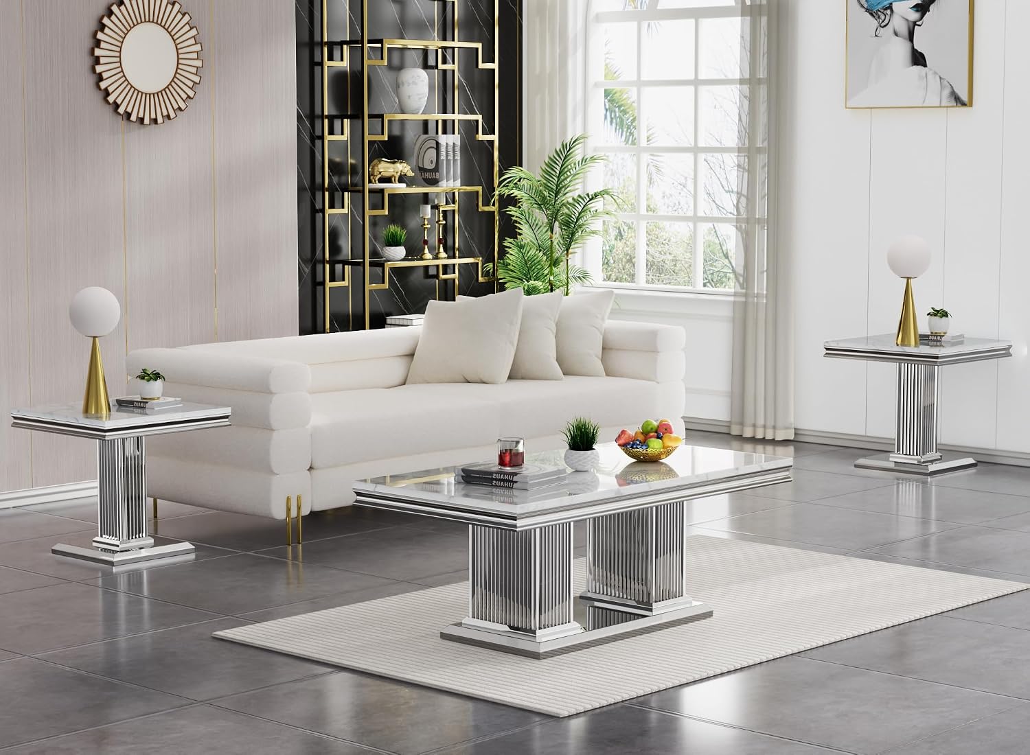 3 Pieces Coffee Table Set, Faux Marble Living Room Table Set of 3, Modern Coffee Table and 2 End Tables with Column-Shaped Stainless Steel Base for Living Room Office (White Silver)
