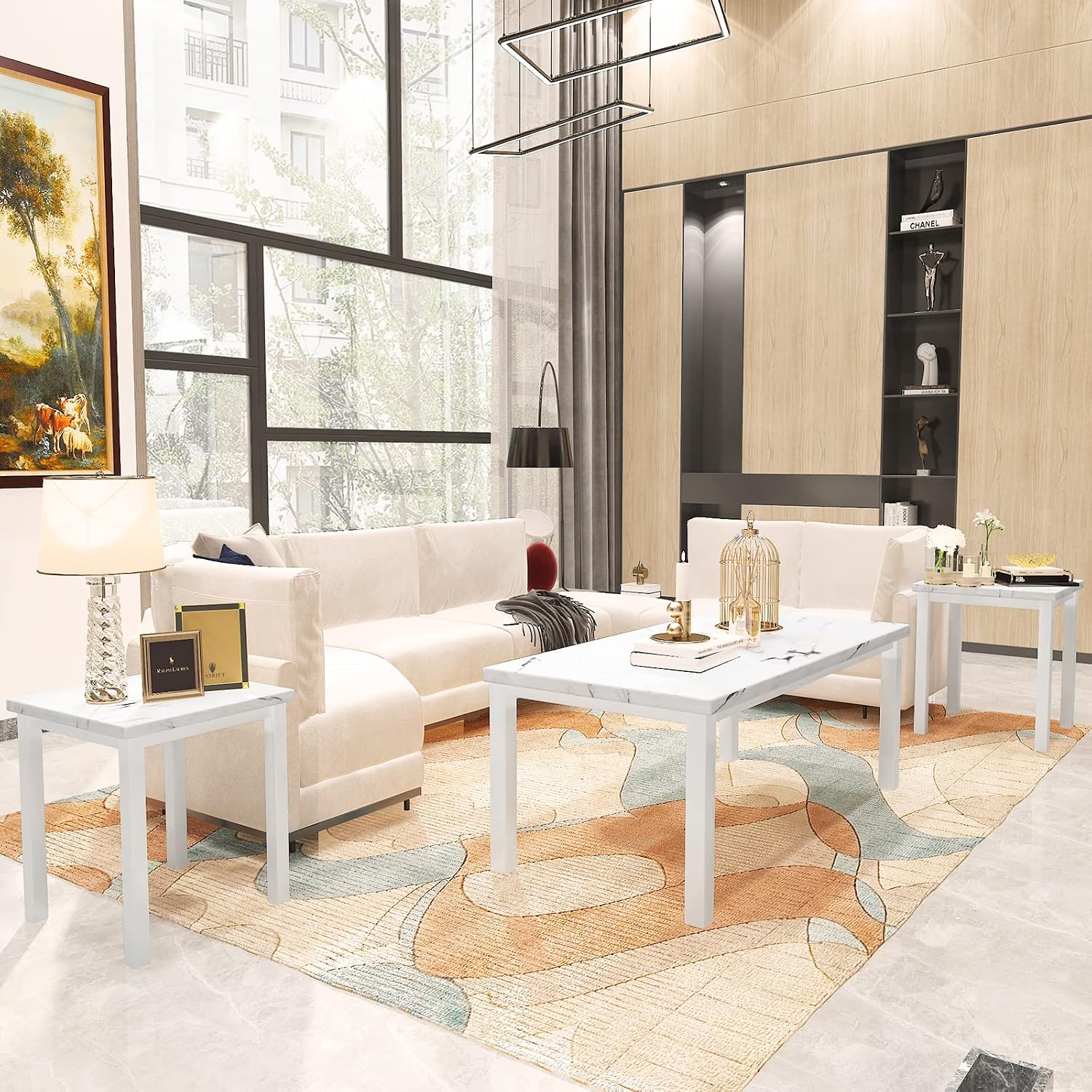 DKLGG Faux Marble Coffee Table Set of 3 Piece, Living Room Table Set Coffee Table & 2pcs End Table with Metal Frame Sofa Side Tables Perfect for Living Room Apartment Accent Furniture