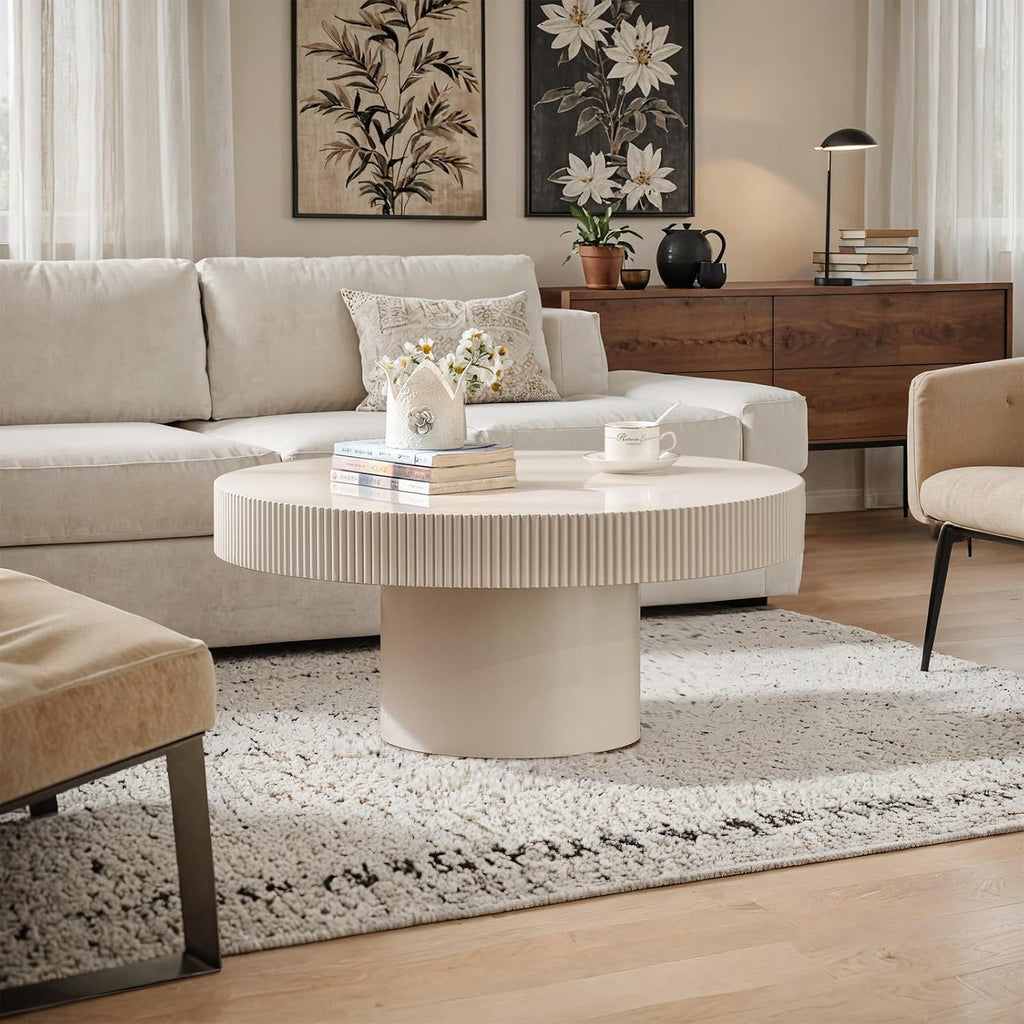 Round Fluted Coffee Table Round Drum Coffee Table for Living Room Modern Circular Pedestal Center Table (Circle Ivory White 30.7in)
