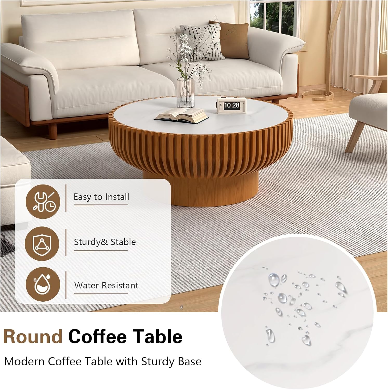 Round Drum Coffee Table White Fluted Coffee Table Circle Center Table Pedestal End Table for Apartment (31.5 in White Desktop)