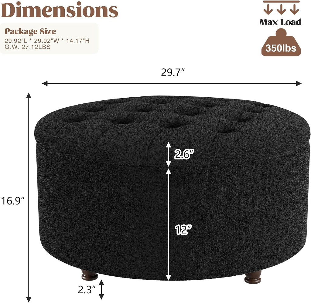30 Inch Round Storage Ottoman,Modern Tufted Ottomans,Circular Coffee Table with Removable Top,Upholstered Large Ottoman with Storage Footrest Stool for Bedroom Living Room (Teddy Black)