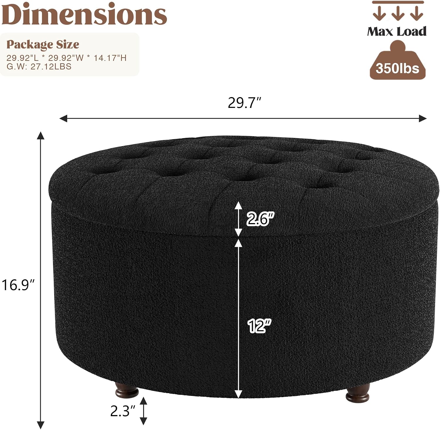 30 Inch Round Storage Ottoman,Modern Tufted Ottomans,Circular Coffee Table with Removable Top,Upholstered Large Ottoman with Storage Footrest Stool for Bedroom Living Room (Teddy Black)