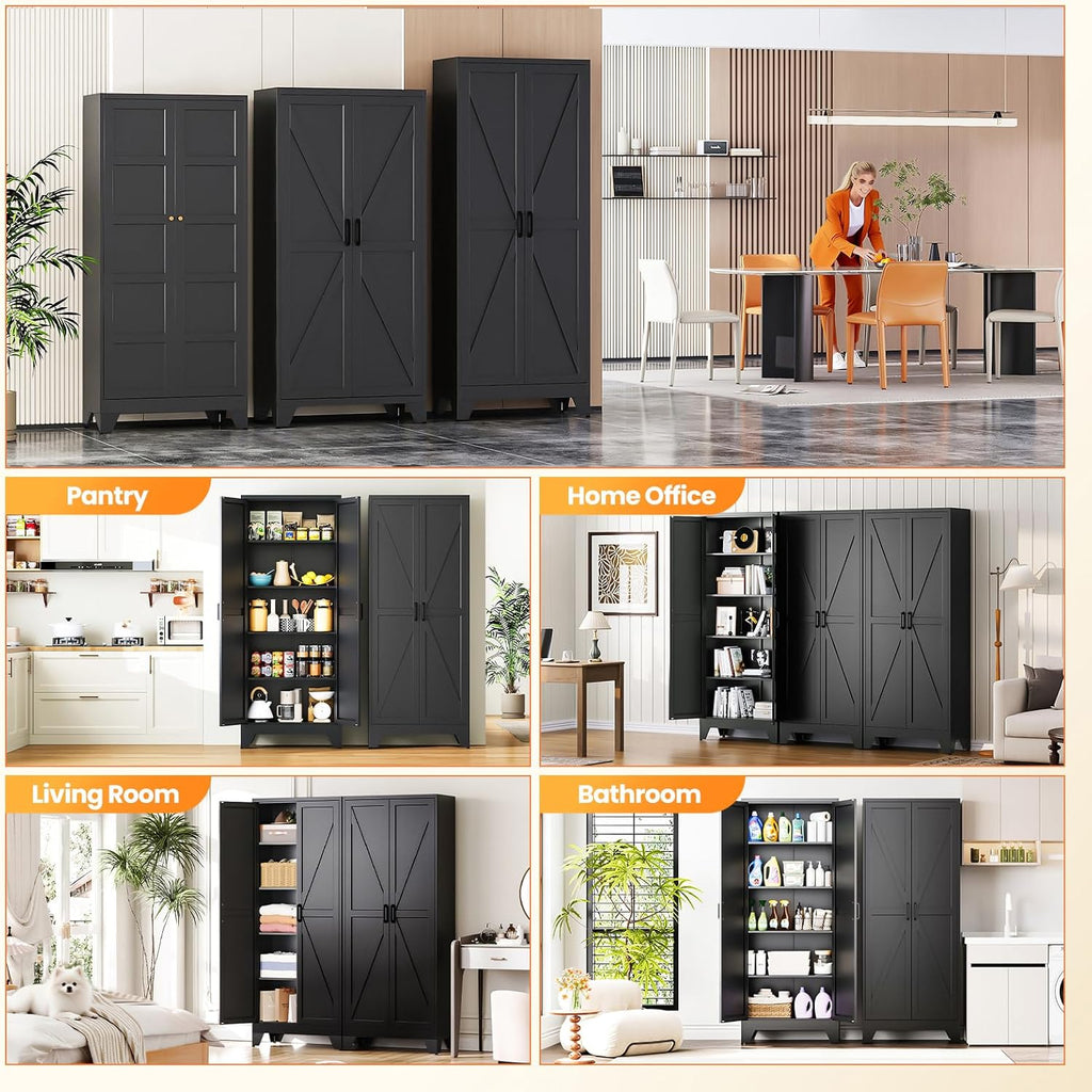 Metal Black Storage Cabinet with 2 Doors and 4 Adjustable Shelves, 75' Tall Kitchen Pantry cabinets, Farmhouse Food Pantry Cabinet,5 Tier Freestanding Barn Door Cupboard for Kitchen Dining/Living Room