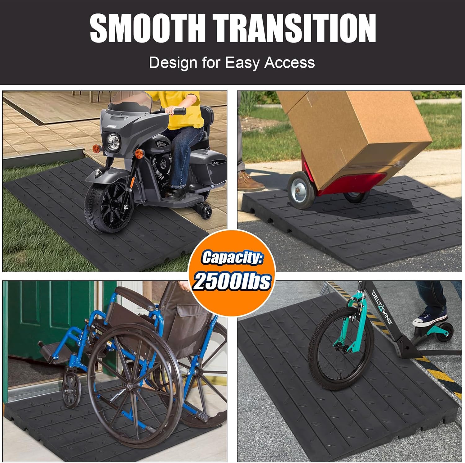 Towallmark Rubber Threshold Ramp Doorway, 4'' Rise Wheelchair Threshold Ramp, 2500LBS Capacity No-Slip Driveway Curb Ramps for Wheelchair Mobility Scooter Power Chairs with 3 Channels Cord Cover