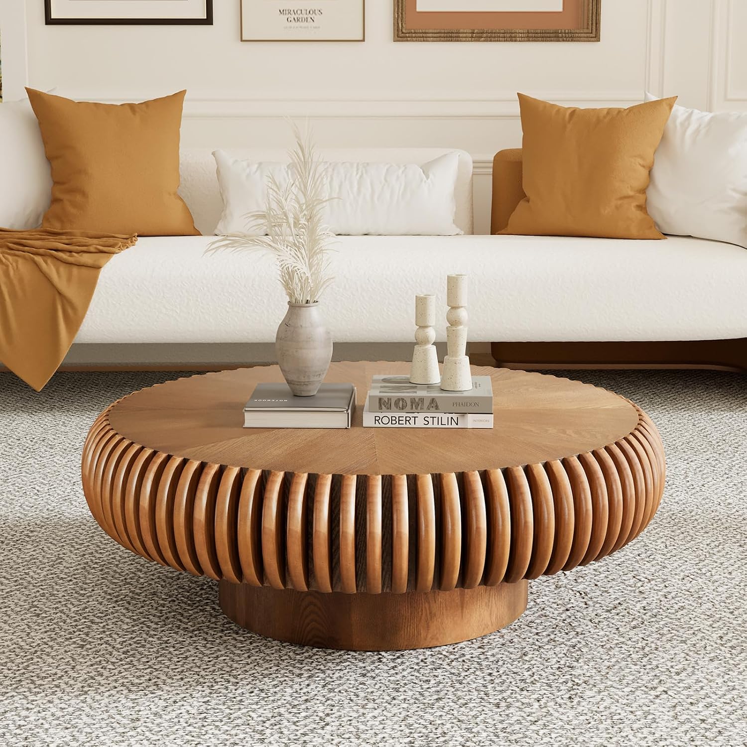 Modern Wood Round Fluted Coffee Table, Unique Brown Circular Drum Coffee Tables Mid Century Modern Handcrafted Circle Fluted Center Table for Small Space Living Room Reception Room, Apartment