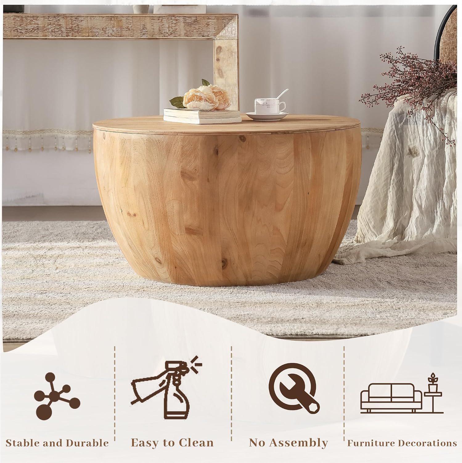 31.50' Coffee Table with Storage, Round Drum Coffee Table for Office, Dining Room and Living Room, Nature