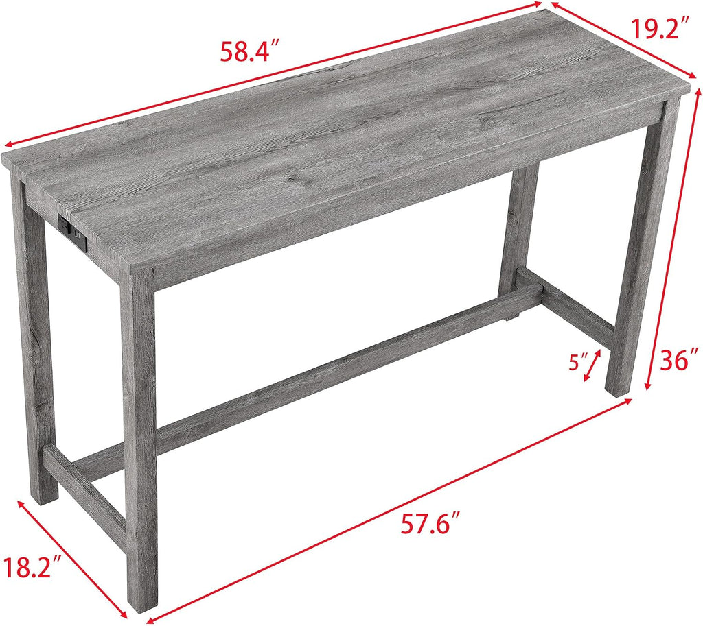 Merax 4 Piece Bar Table Set with Power Outlet,Industrial Breakfast Dining Table and Chairs Set with 3 Padded Stools,for Living Room,Game Room(Gray)