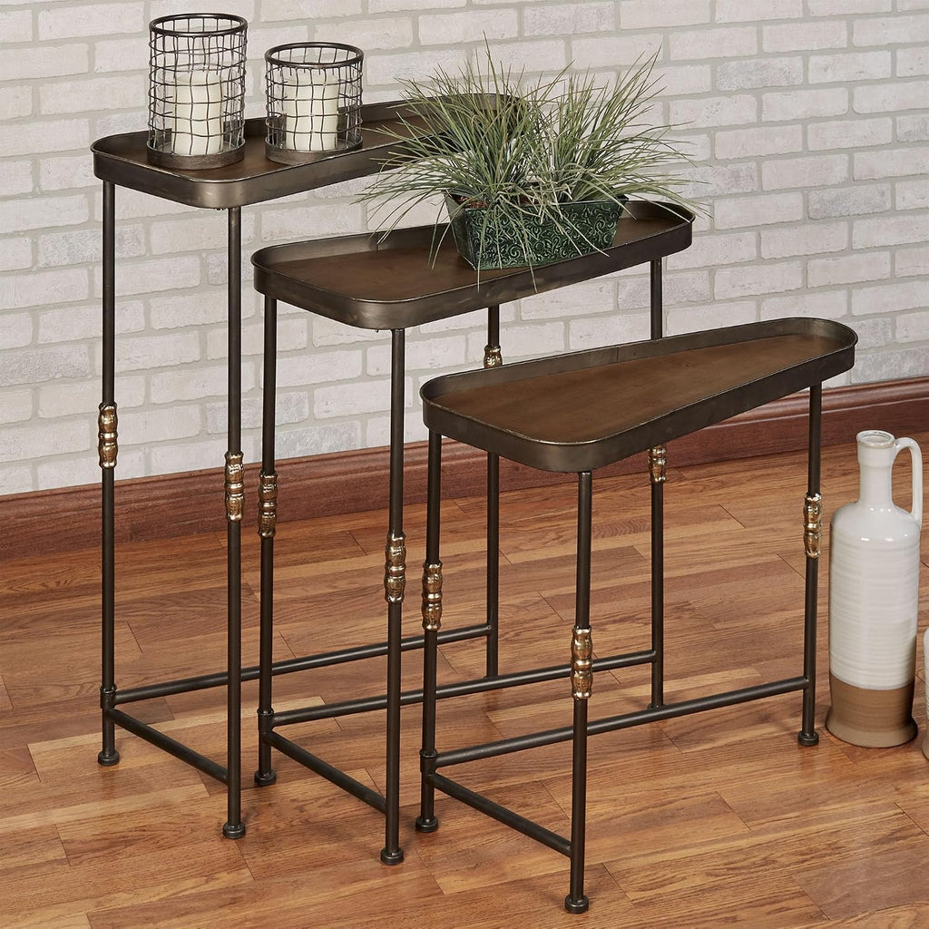 Bronwyn Metal and Wood Nesting Tables Dark Bronze Finish 28, 30.5 and 36 Inches Tall Set of 3