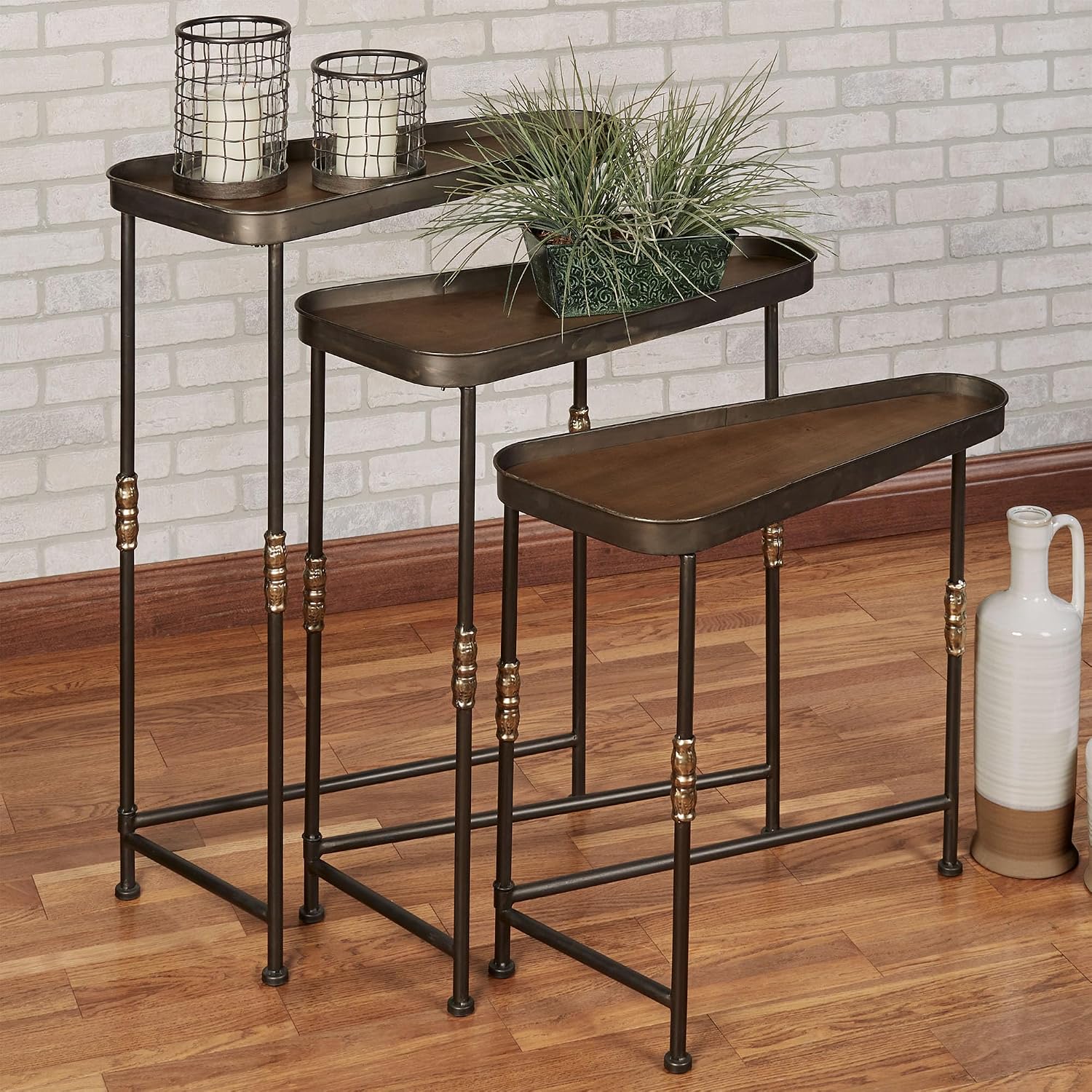 Bronwyn Metal and Wood Nesting Tables Dark Bronze Finish 28, 30.5 and 36 Inches Tall Set of 3