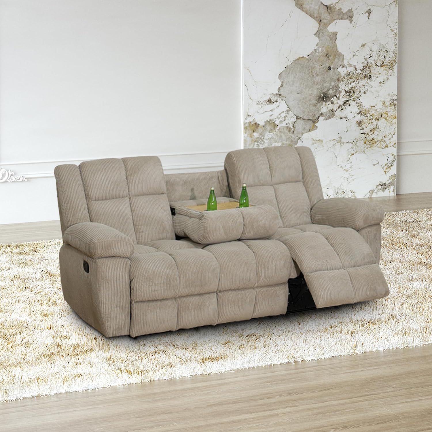 Corduroy Fabric Recliner Sofa Set, 3 Piece Living Room Furniture Set, Manual Reclining Couch Set for Home Theater with Cup Holders/Storage/Drop Down Table (Beige)