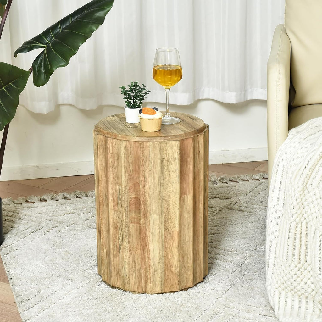 Round Side Table,Coffee Table with for Small Space,Fully Assembled End Table with Gold Geometric Design & Wave Pattern,Nightstand for Living Room,Bedroom,Office,18 Inch (Wavy Natural Wood)