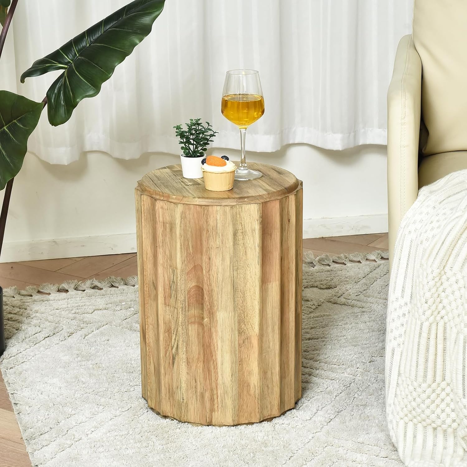 Round Side Table,Coffee Table with for Small Space,Fully Assembled End Table with Gold Geometric Design & Wave Pattern,Nightstand for Living Room,Bedroom,Office,18 Inch (Wavy Natural Wood)