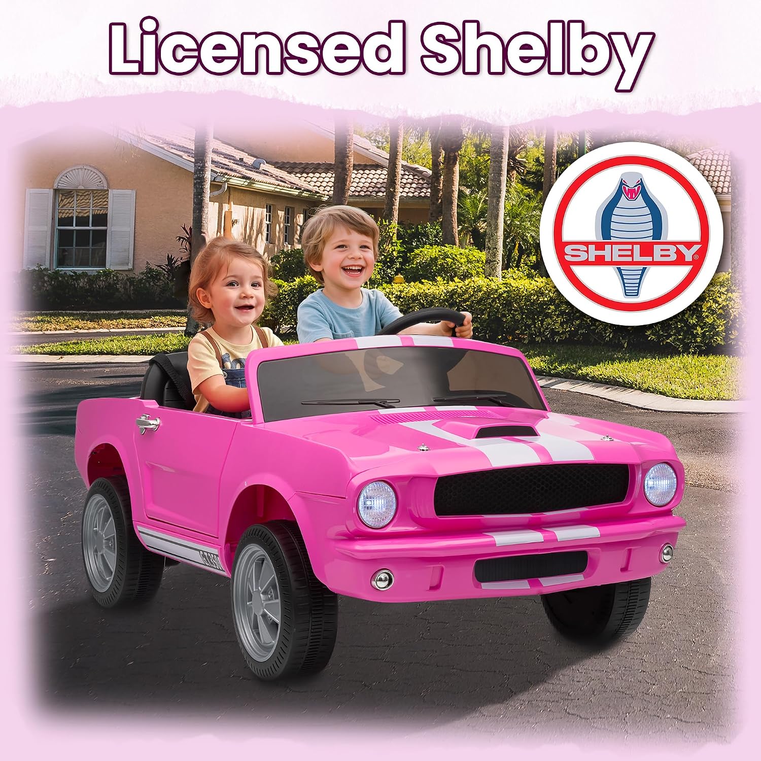 Wanan 24V Licensed Shelby Electric Car for Kids, Ride On Toy with Remote Control, Bluetooth Music, Adjustable 3 Speed, Multiple Panel, LED Lights, Shock Absorbers, Safety Belt (24V, Pink)