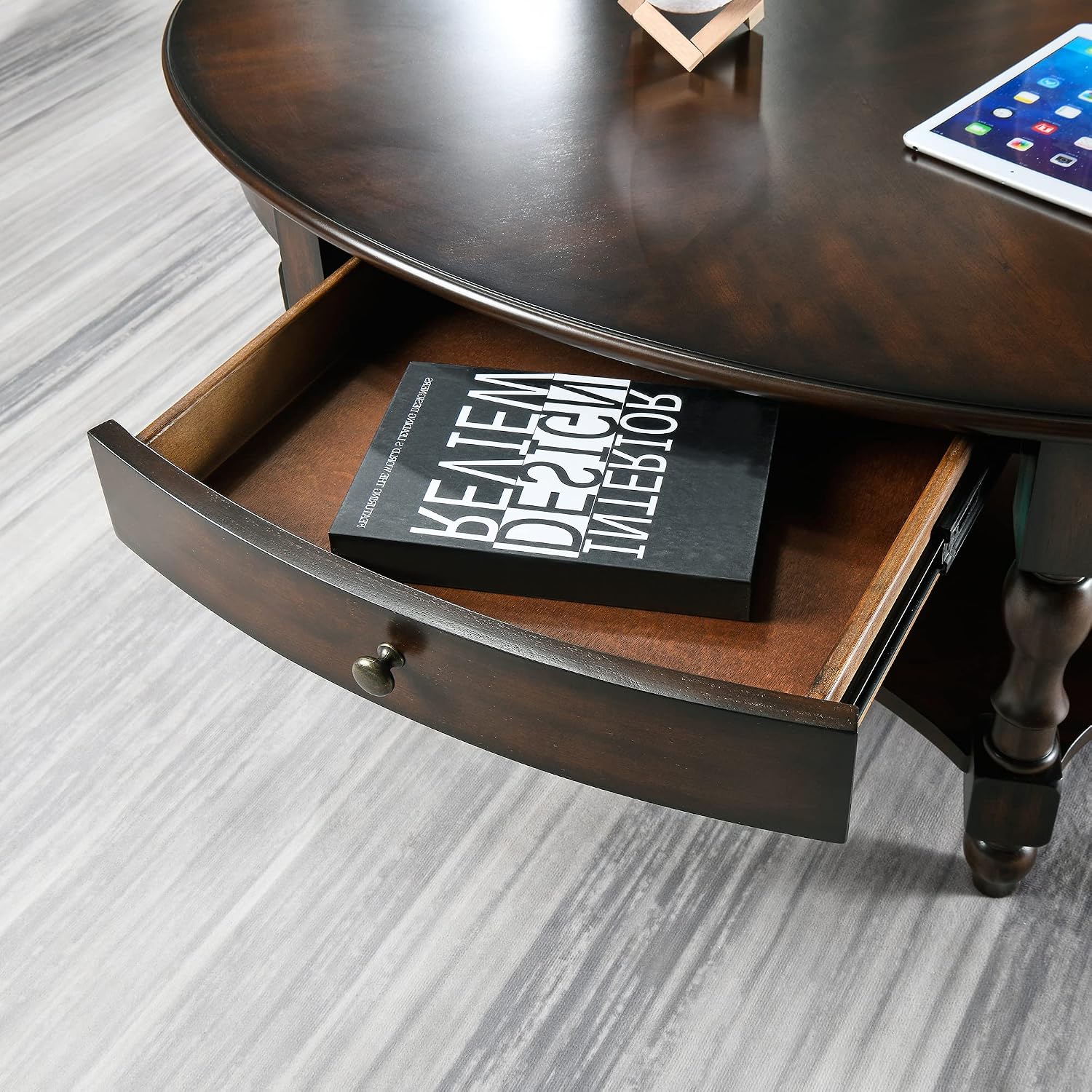 Coffee Table with Drawer, Solid Wood Oval Center Table with Storage Shelf, Traditional Living Room Table with Elegant Vintage Style, Easy Assembly, 45' x 27.6' x 18.2' Retro Walnut KFZ2233DC