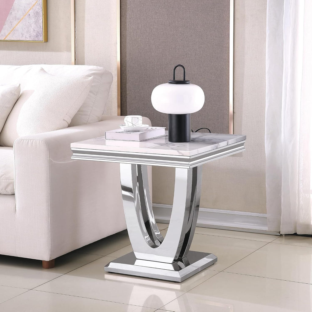 Modern Marble End Table,22' Suqare Side Table with Silver U-Shape Stainless Steel Base,Luxury White Faux Marble End Table Nightstand Pedestal Stand Lamp Table for Hallway, Living Room, Bedroom
